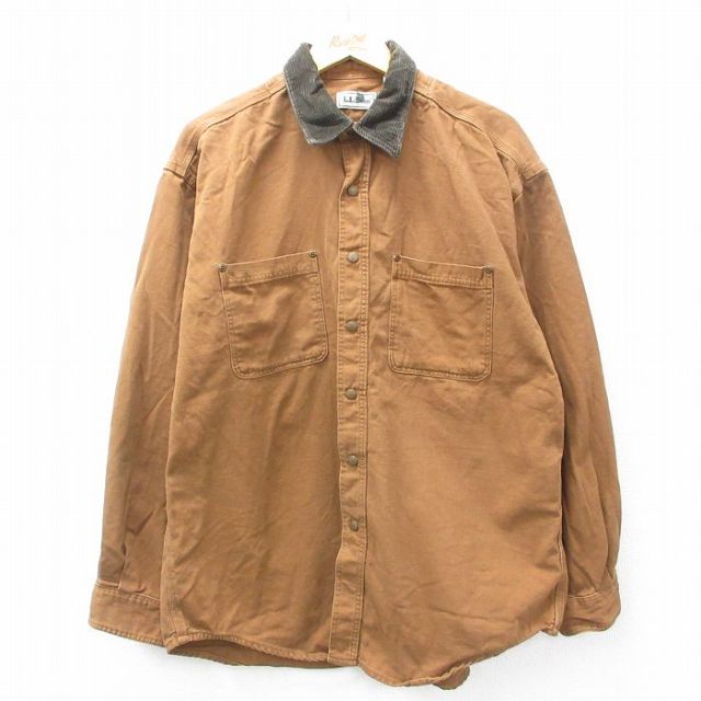 XL★古着 エルエルビーン LLBEAN 長袖 ブランド シャツ メンズ 90年代 90s 襟コーデュロイ ダック地 ロング丈 コットン USA製 茶他 ブラウン 【spe】 25feb26 中古 トップス