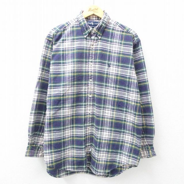 【20%OFF】XL★古着 ラルフローレン Ralph Lauren 長袖 ブランド シャツ メンズ 90年代 90s ワンポイントロゴ 大きいサイズ ロング丈 コットン ボタンダウン 緑他 グリーン チェック 25feb26 中古 トップス