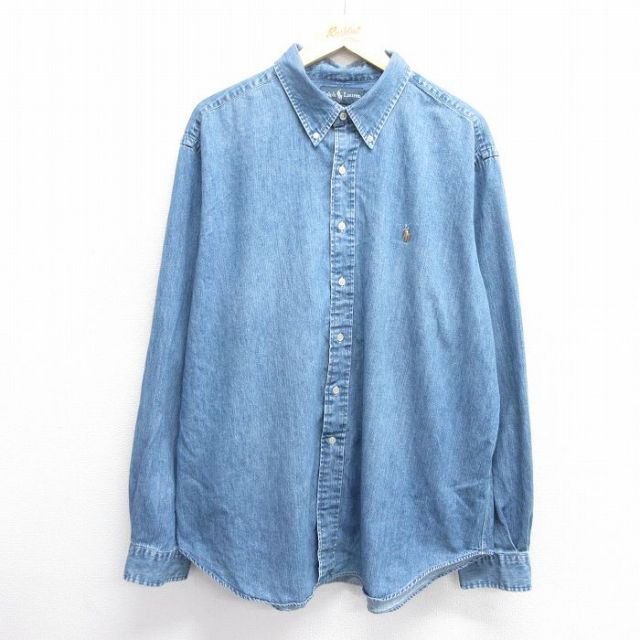 XL★古着 ラルフローレン Ralph Lauren 長袖 ブランド シャツ メンズ 90年代 90s ワンポイントロゴ 大きいサイズ ロング丈 コットン ボタンダウン 紺 ネイビー デニム 【spe】 25feb28 中古 トップス