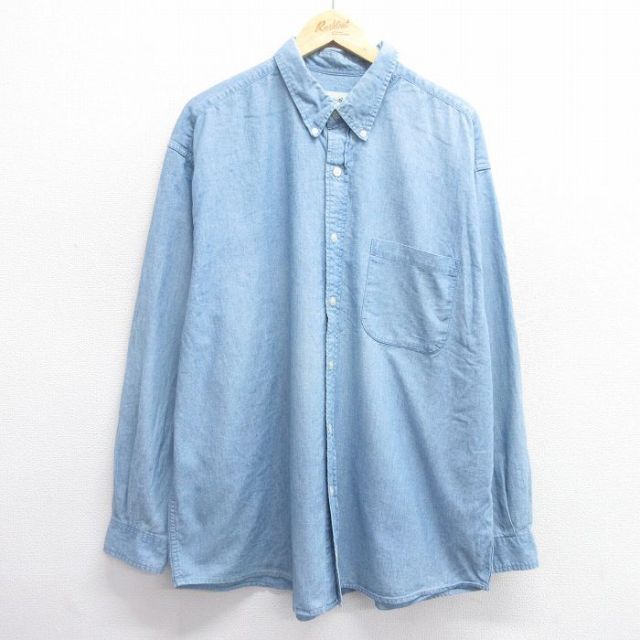 【20%OFF】XL★古着 エディーバウアー 長袖 ブランド シャンブレー シャツ メンズ 00年代 00s 大きいサイズ ロング丈 コットン ボタンダウン 薄紺 ネイビー 25feb28 中古 トップス