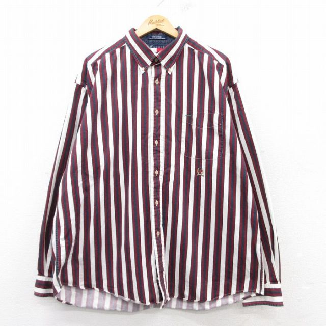 XL★古着 トミーヒルフィガー TOMMY HILFIGER 長袖 ブランド シャツ メンズ 90年代 90s ワンポイントロゴ 大きいサイズ ロング丈 コットン ボタンダウン 白他 ホワイト ストライプ 25mar04 中古 トップス