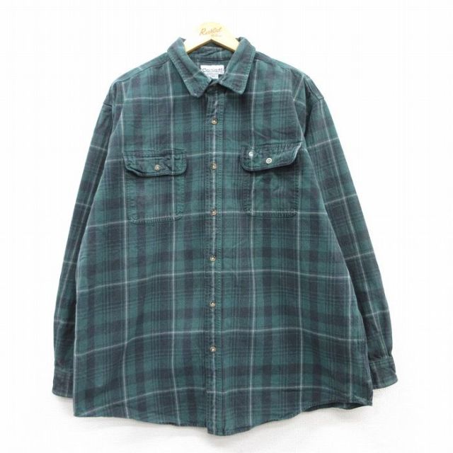 XL★古着 カーハート Carhartt 長袖 ブランド シャツ メンズ 大きいサイズ ロング丈 コットン 緑他 グリーン チェック 25mar04 中古 トップス