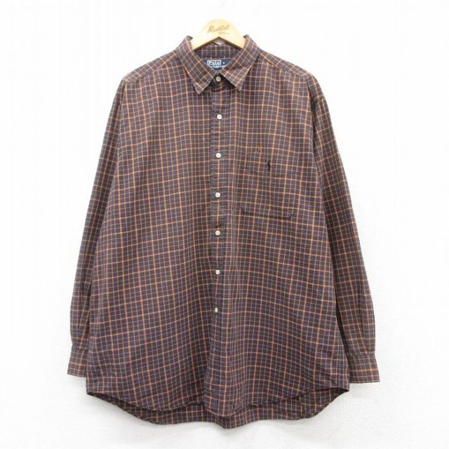 XL★古着 ラルフローレン Ralph Lauren 長袖 ブランド シャツ メンズ 90年代 90s LOWELL SPORT 大きいサイズ ロング丈 コットン オレンジ他 チェック 25mar04 中古 トップス