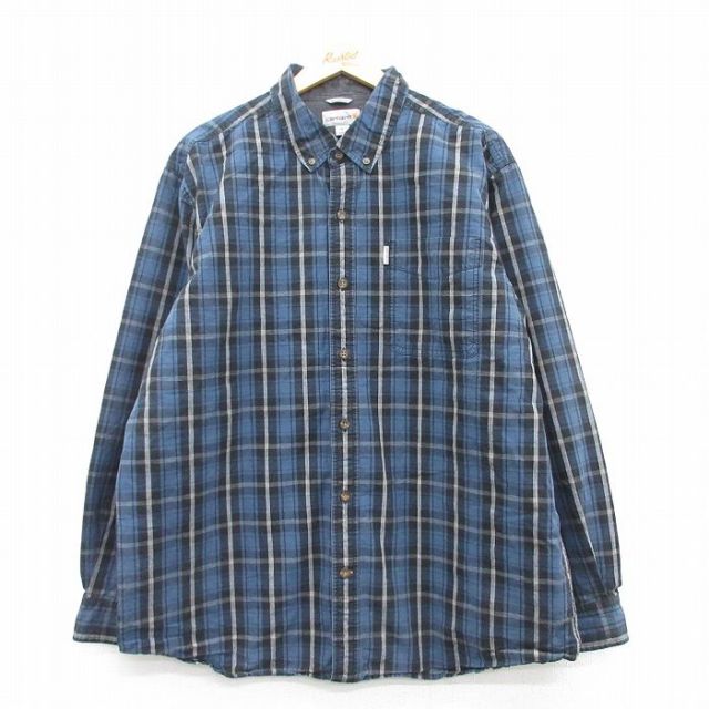 XL★古着 カーハート Carhartt 長袖 ブランド シャツ メンズ ロング丈 コットン ボタンダウン 紺他 ネイビー チェック 25mar04 中古 トップス