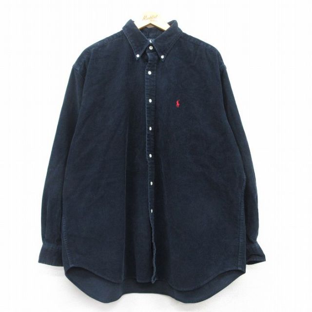 XL★古着 ラルフローレン Ralph Lauren 長袖 ブランド シャツ メンズ 90年代 90s ワンポイントロゴ コーデュロイ BLAKE 大きいサイズ ロング丈 コットン ボタンダウン 紺系 ネイビー 25mar04 中古 トップス