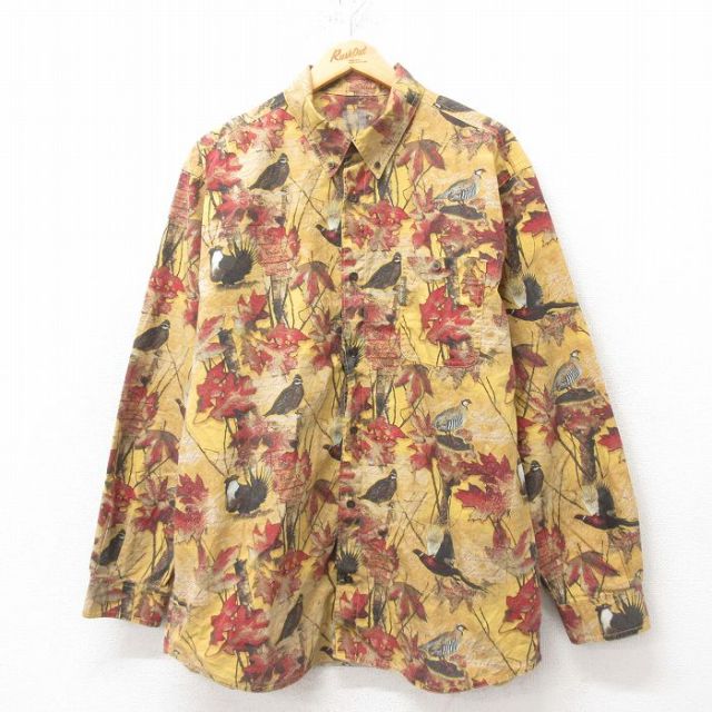 XL★古着 コロンビア COLUMBIA 長袖 ブランド シャツ メンズ 鳥 PHG コットン ボタンダウン 黄色他 イエロー 25mar05 中古 トップス