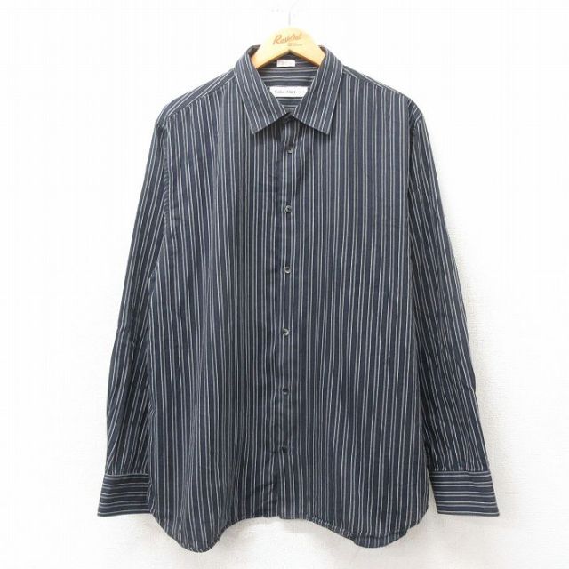 XL★古着 カルバンクライン Calvin Klein 長袖 ブランド シャツ メンズ 大きいサイズ コットン 紺他 ネイビー ストライプ 25mar05 中古 トップス