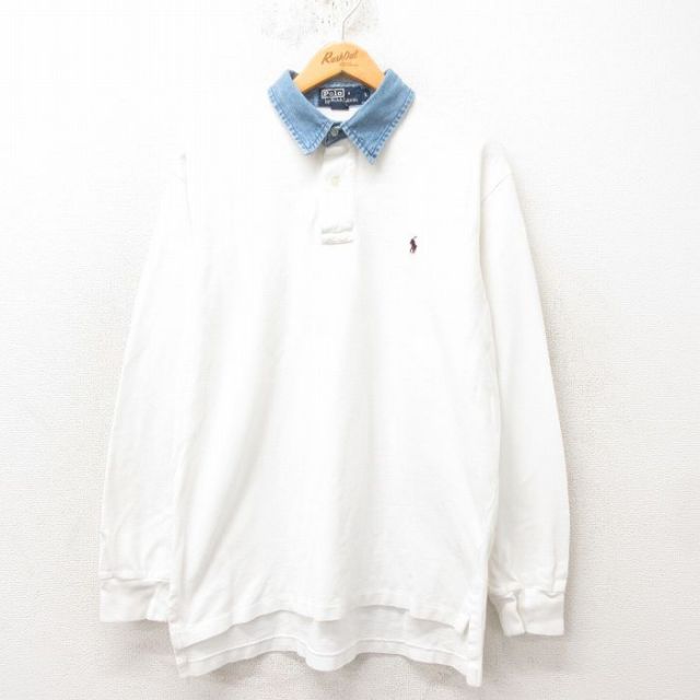 L★古着 ラルフローレン Ralph Lauren 長袖 ブランド ポロ シャツ メンズ 90年代 90s ワンポイントロゴ 大きいサイズ 鹿の子 コットン 襟デニム 白他 ホワイト 【spe】 25mar05 中古 トップス