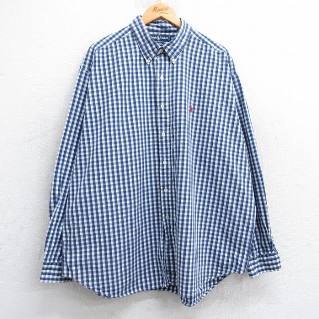 XL★古着 ラルフローレン Ralph Lauren 長袖 ブランド シャツ メンズ 90年代 90s ワンポイントロゴ BLAIRE 大きいサイズ ロング丈 コットン ボタンダウン 紺他 ネイビー チェック 25mar05 中古 トップス