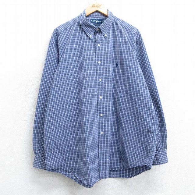 XL★古着 ラルフローレン Ralph Lauren 長袖 ブランド シャツ メンズ 90年代 90s ワンポイントロゴ BLAKE 大きいサイズ ロング丈 コットン ボタンダウン 紺他 ネイビー チェック 25mar05 中古 トップス