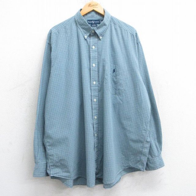 XL★古着 ラルフローレン Ralph Lauren 長袖 ブランド シャツ メンズ 90年代 90s ワンポイントロゴ BLAKE 大きいサイズ ロング丈 コットン ボタンダウン 緑他 グリーン チェック 25mar05 中古 トップス