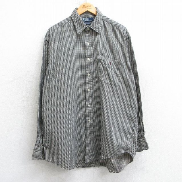 XL★古着 ラルフローレン Ralph Lauren 長袖 ブランド シャツ メンズ 90年代 90s ワンポイントロゴ LOWELL SPORT 大きいサイズ ロング丈 コットン 黒他 ブラック チェック 25mar05 中古 トップス