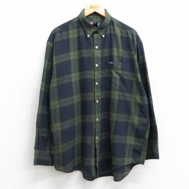 XL★古着 ラルフローレン Ralph Lauren チャップス 長袖 ブランド シャツ メンズ 90年代 90s ワンポイントロゴ ボタンダウン 濃緑他 グリーン チェック 25mar05 中古 トップス
