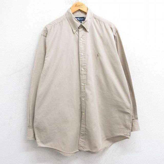 XL★古着 ラルフローレン Ralph Lauren 長袖 ブランド シャツ メンズ 90年代 90s 大きいサイズ YARMOUTH ロング丈 コットン ボタンダウン ベージュ カーキ 25mar05 中古 トップス