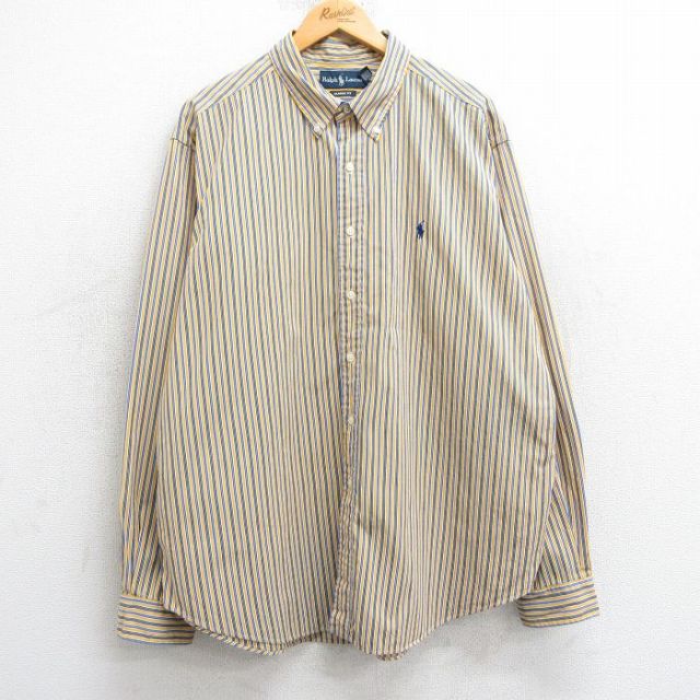 XL★古着 ラルフローレン Ralph Lauren 長袖 ブランド シャツ メンズ 90年代 90s 大きいサイズ ロング丈 コットン ボタンダウン 黄色他 イエロー ストライプ 25mar05 中古 トップス