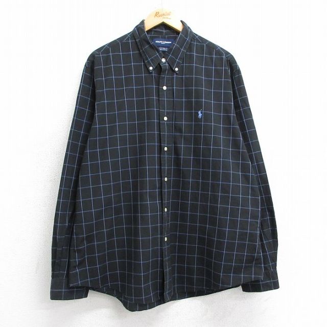 XL★古着 ラルフローレン Ralph Lauren ゴルフ 長袖 ブランド シャツ メンズ 90年代 90s ワンポイントロゴ コットン ボタンダウン 黒他 ブラック チェック 25mar05 中古 トップス