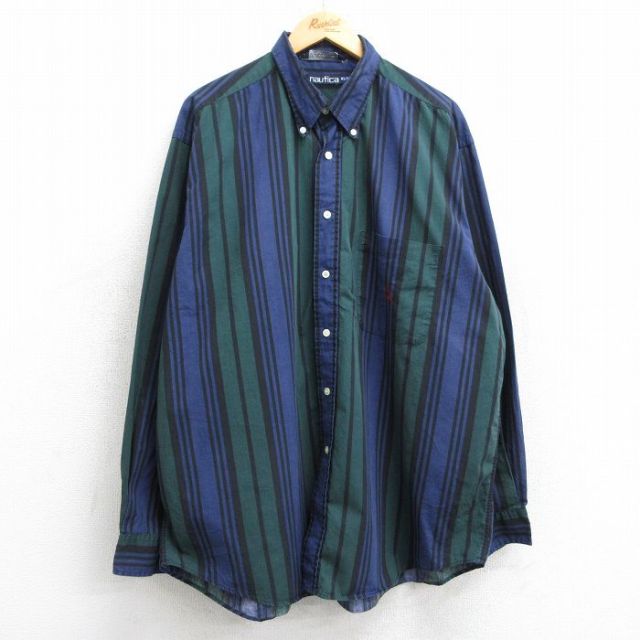 XL★古着 ノーティカ NAUTICA 長袖 ブランド シャツ メンズ 90年代 90s ワンポイントロゴ 大きいサイズ コットン ボタンダウン 緑他 グリーン ストライプ 25mar05 中古 トップス