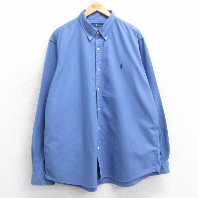 XL★古着 ラルフローレン Ralph Lauren 長袖 ブランド シャツ メンズ ワンポイントロゴ 大きいサイズ ロング丈 コットン ボタンダウン 薄紺 ネイビー 25mar05 中古 トップス