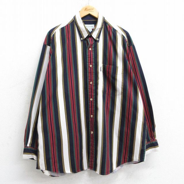 XL★古着 IZOD 長袖 ブランド シャツ メンズ 90年代 90s 大きいサイズ ロング丈 コットン ボタンダウン 紺他 ネイビー ストライプ 25mar05 中古 トップス