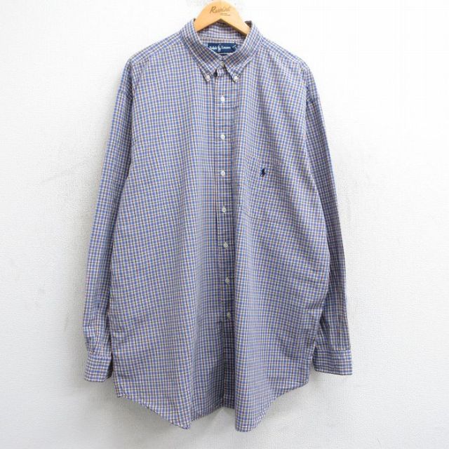 XL★古着 ラルフローレン Ralph Lauren 長袖 ブランド シャツ メンズ 90年代 90s ワンポイントロゴ ロング丈 コットン ボタンダウン 薄紺他 ネイビー チェック 25mar05 中古 トップス