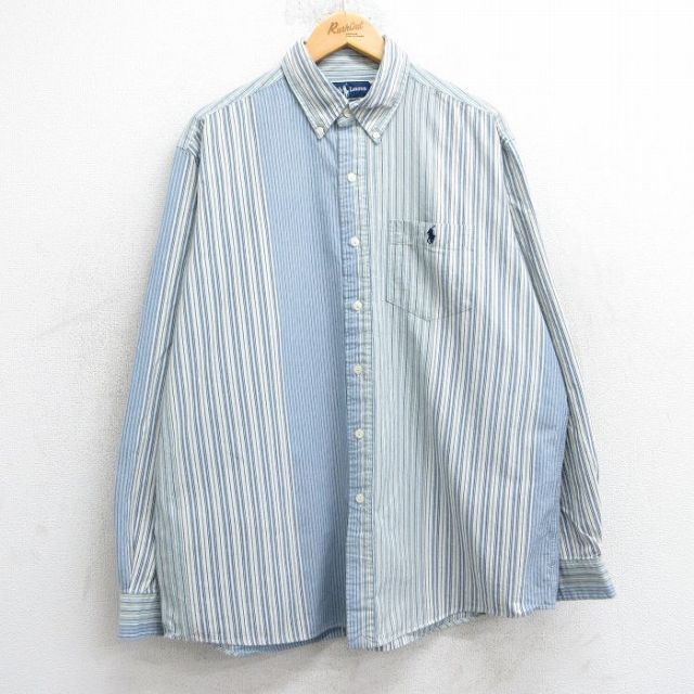 XL★古着 ラルフローレン Ralph Lauren 長袖 ブランド シャツ メンズ 90年代 90s ワンポイントロゴ HERTAGE 大きいサイズ コットン ボタンダウン 薄紺他 ネイビー ストライプ 【spe】 25mar05 中古 トップス