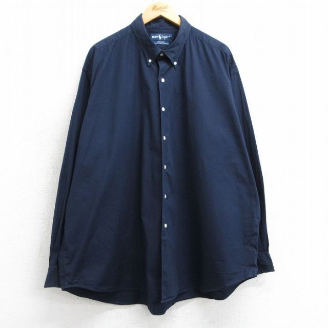 XL★古着 ラルフローレン Ralph Lauren 長袖 ブランド シャツ メンズ 90年代 90s ワンポイントロゴ MARLOWE 大きいサイズ ロング丈 ボタンダウン 紺 ネイビー 25mar05 中古 トップス