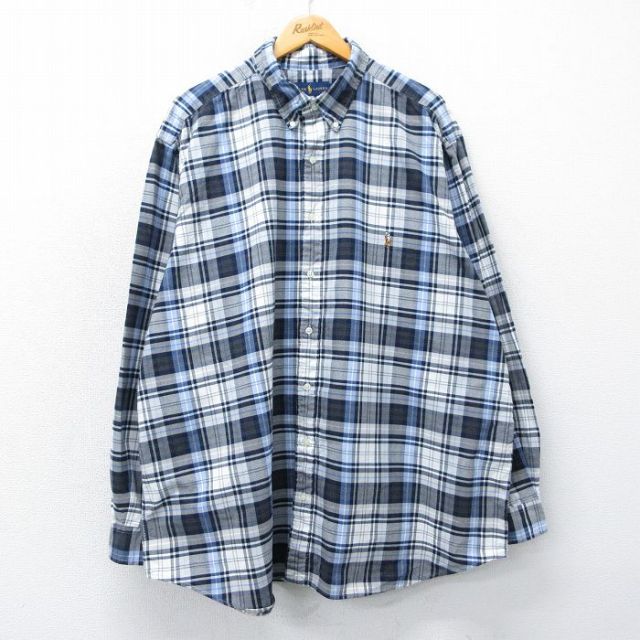 XL★古着 ラルフローレン Ralph Lauren 長袖 ブランド シャツ メンズ ワンポイントロゴ オックスフォード 大きいサイズ ロング丈 コットン ボタンダウン 薄紺他 ネイビー チェック 25mar05 中古 トップス