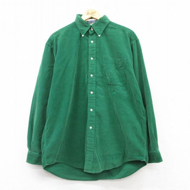【20%OFF】XL★古着 トミーヒルフィガー TOMMY HILFIGER 長袖 ブランド シャツ メンズ 90年代 90s ワンポイントロゴ コーデュロイ ロング丈 コットン ボタンダウン 緑 グリーン 25mar06 中古 トップス