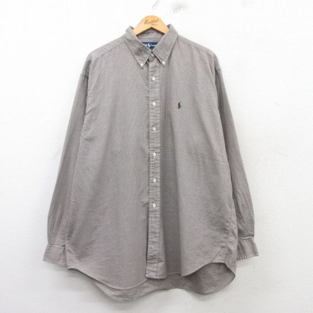 XL★古着 ラルフローレン Ralph Lauren 長袖 ブランド シャツ メンズ 90年代 90s ワンポイントロゴ BLAKE 千鳥格子 大きいサイズ ロング丈 コットン ボタンダウン 茶他 ブラウン 25mar06 中古 トップス
