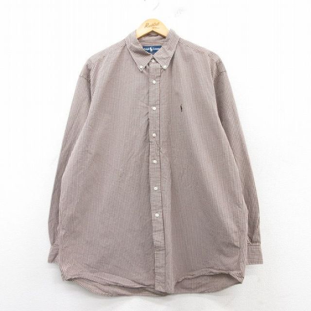 XL★古着 ラルフローレン Ralph Lauren 長袖 ブランド シャツ メンズ 90年代 90s ワンポイントロゴ BLAKE 大きいサイズ ロング丈 コットン ボタンダウン 茶他 ブラウン チェック 25mar06 中古 トップス