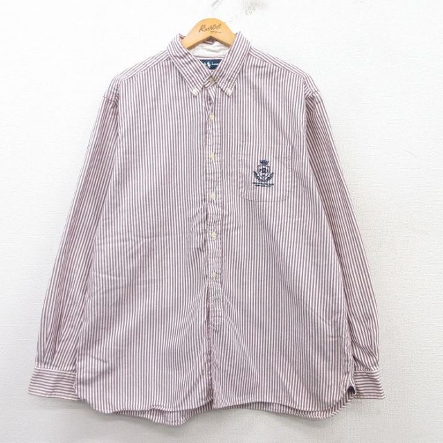XL★古着 ラルフローレン Ralph Lauren 長袖 ブランド シャツ メンズ 90年代 90s ワンポイントロゴ 大きいサイズ コットン ボタンダウン 白他 ホワイト ストライプ 25mar06 中古 トップス