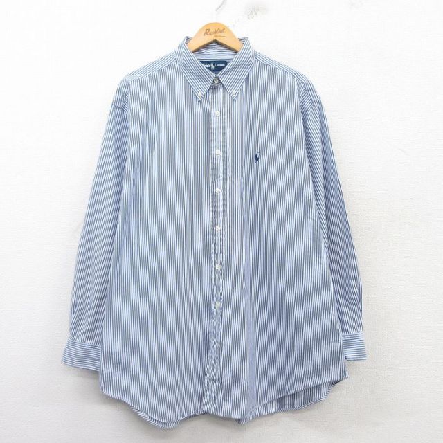 XL★古着 ラルフローレン Ralph Lauren 長袖 ブランド シャツ メンズ 90年代 90s ワンポイントロゴ YARMOUTH 大きいサイズ ロング丈 コットン ボタンダウン 紺他 ネイビー ストライプ 25mar06 中古 トップス