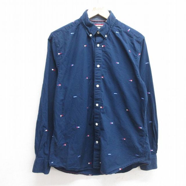 M★古着 トミーヒルフィガー TOMMY HILFIGER 長袖 ブランド シャツ メンズ ワンポイントロゴ 総柄 コットン ボタンダウン 紺 ネイビー 25mar07 中古 トップス