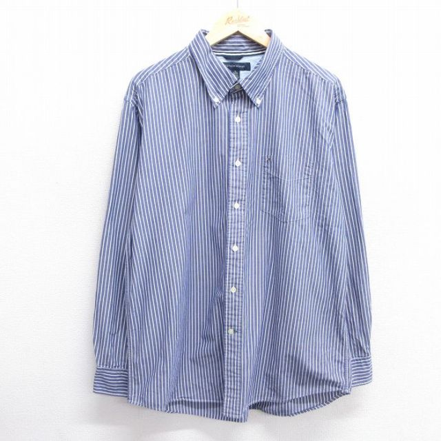 XL★古着 トミーヒルフィガー TOMMY HILFIGER 長袖 ブランド シャツ メンズ ワンポイントロゴ コットン ボタンダウン 紺他 ネイビー ストライプ 25mar07 中古 トップス
