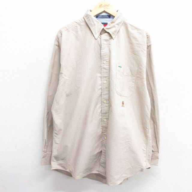 【50%OFF】XL★古着 トミーヒルフィガー TOMMY HILFIGER 長袖 ブランド シャツ メンズ 90年代 90s ワンポイントロゴ 大きいサイズ ロング丈 コットン ボタンダウン ベージュ カーキ 25mar07 中古 トップス