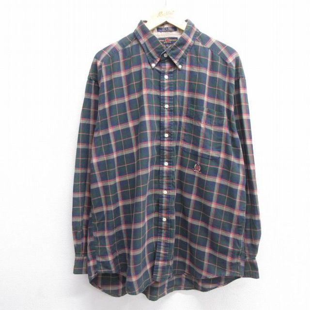 トミーヒルフィガー 90s 長袖シャツ ワンポイントロゴ グリーンチェック XL | 古着