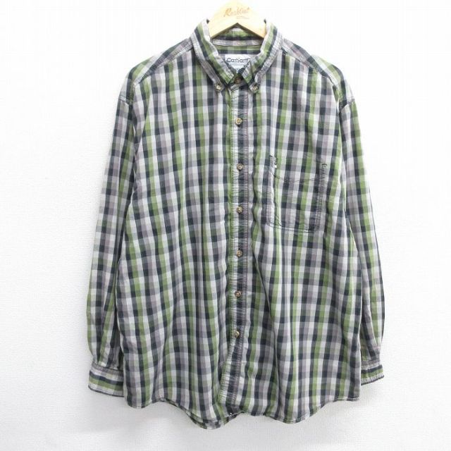 【50%OFF】XL★古着 カーハート Carhartt 長袖 ブランド シャツ メンズ ワンポイントロゴ 大きいサイズ コットン ボタンダウン グレー他 チェック 25mar08 中古 トップス