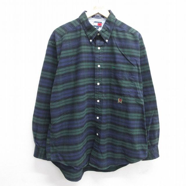 XL★古着 トミーヒルフィガー TOMMY HILFIGER 長袖 ブランド シャツ メンズ 90年代 90s ワンポイントロゴ 大きいサイズ コットン ボタンダウン 緑他 グリーン 25mar08 中古 トップス