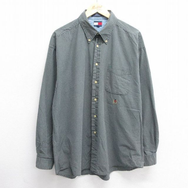 XL★古着 トミーヒルフィガー TOMMY HILFIGER 長袖 ブランド シャツ メンズ 90年代 90s ワンポイントロゴ 大きいサイズ ロング丈 コットン ボタンダウン 緑他 グリーン チェック 25mar08 中古 トップス