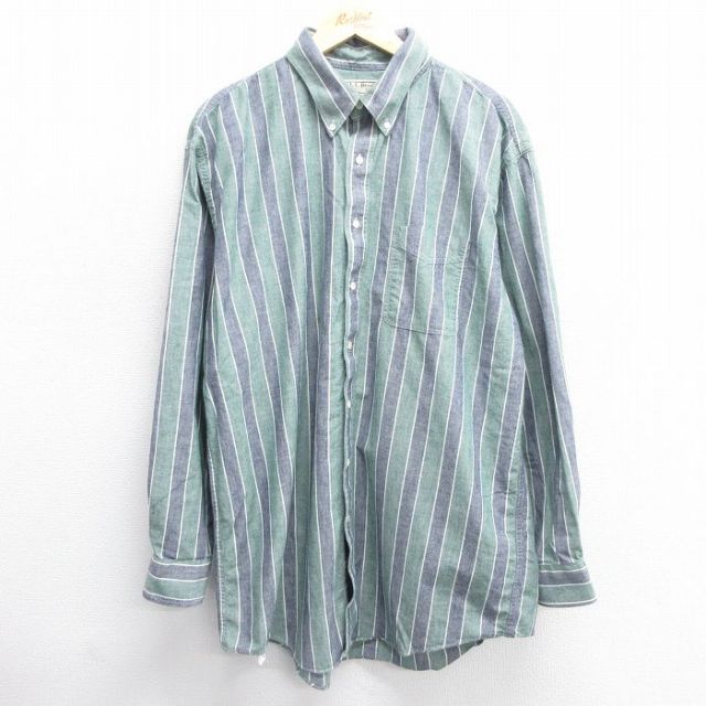 【50%OFF】XL★古着 エルエルビーン LLBEAN 長袖 ブランド シャツ メンズ 80年代 80s オックスフォード ロング丈 コットン ボタンダウン 緑他 グリーン ストライプ 25mar08 中古 トップス