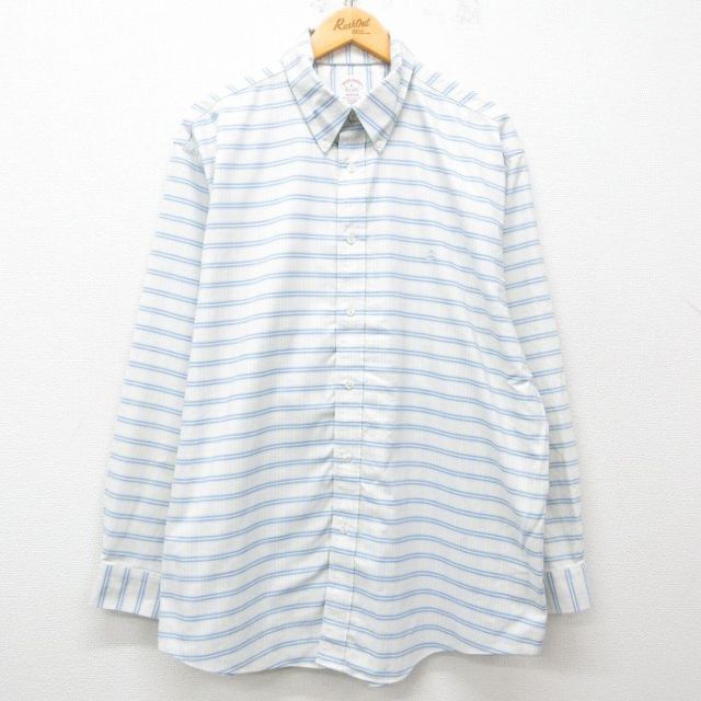 XL★古着 ブルックスブラザーズ BROOKS BROTHERS 長袖 ブランド シャツ メンズ ワンポイントロゴ 大きいサイズ ロング丈 コットン ボタンダウン 白他 ホワイト チェック 25mar08 中古 トップス