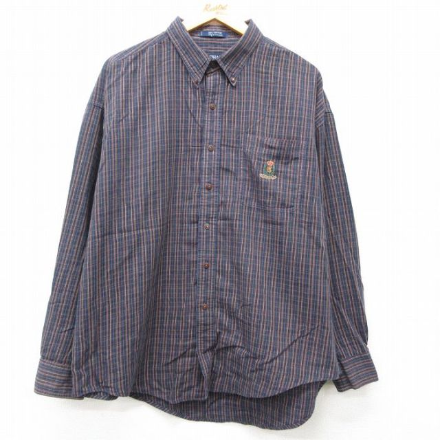 【50%OFF】XL★古着 ラルフローレン Ralph Lauren チャップス 長袖 ブランド シャツ メンズ 90年代 90s ワンポイントロゴ 大きいサイズ コットン ボタンダウン 紺他 ネイビー チェック 25mar08 中古 トップス