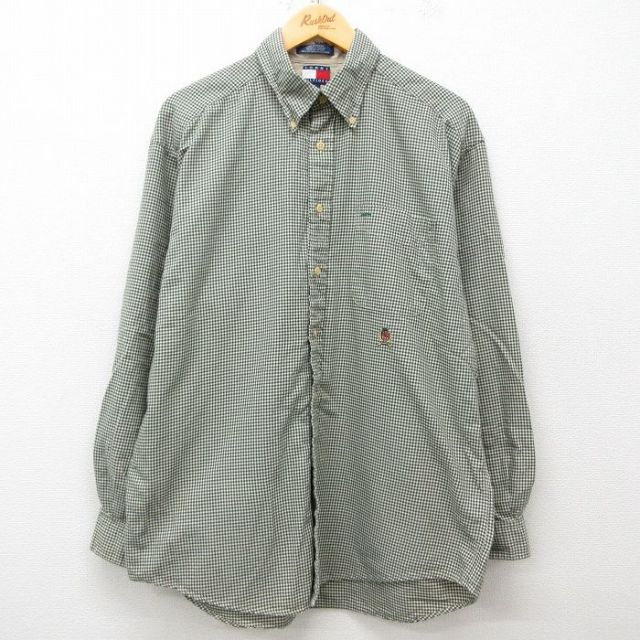 【50%OFF】XL★古着 トミーヒルフィガー TOMMY HILFIGER 長袖 ブランド シャツ メンズ 90年代 90s コットン ボタンダウン 濃緑他 グリーン ギンガム チェック 25mar08 中古 トップス