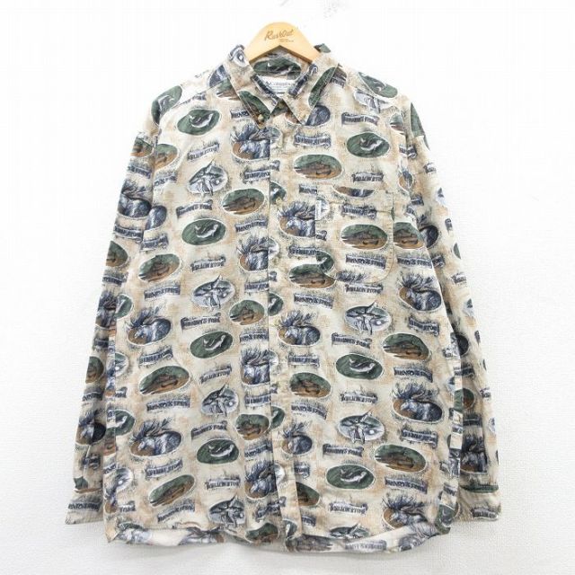 【50%OFF】XL★古着 コロンビア COLUMBIA 長袖 ブランド シャツ メンズ 00年代 00s シカ 魚 鳥 ロング丈 コットン ボタンダウン ベージュ他 カーキ 【spe】 25mar08 中古 トップス