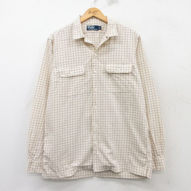 L★古着 ラルフローレン Ralph Lauren 長袖 ブランド シャツ メンズ 90年代 90s コットン 開襟 オープンカラー 生成り他 チェック 【spe】 25mar08 中古 トップス