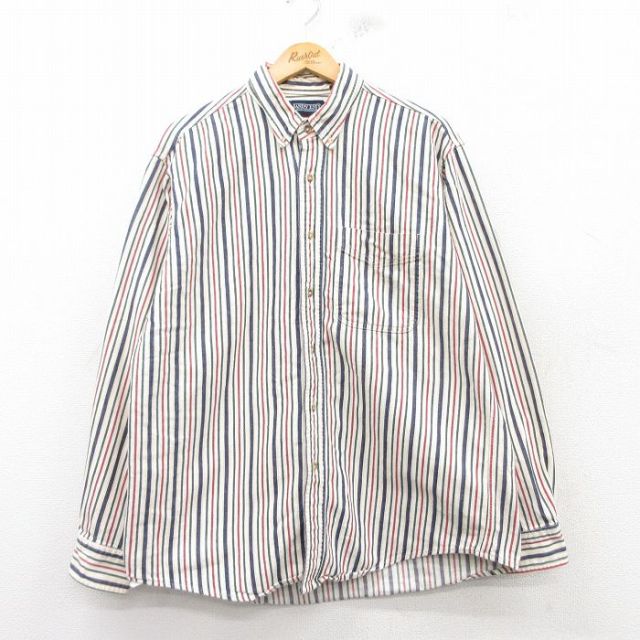 XL★古着 ランズエンド 長袖 ブランド シャツ メンズ 90年代 90s コットン ボタンダウン 白他 ホワイト ストライプ 25mar08 中古 トップス