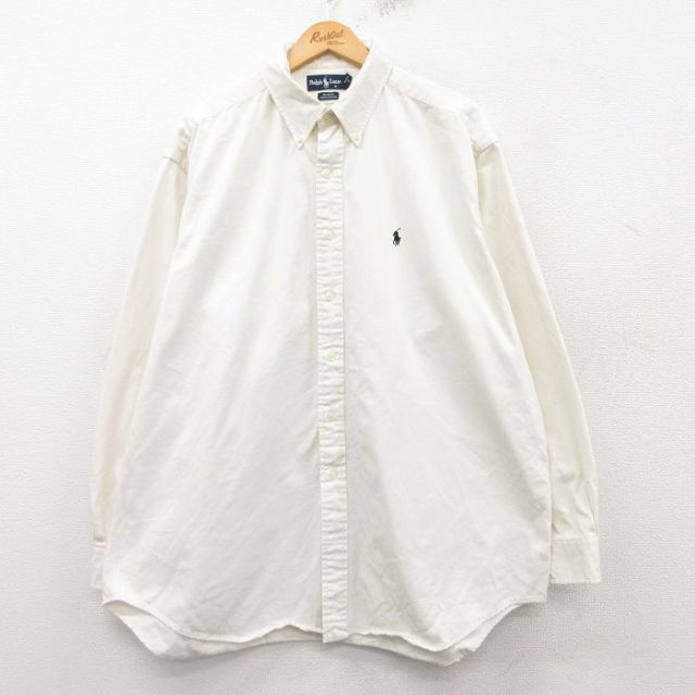 XL★古着 ラルフローレン Ralph Lauren 長袖 ブランド シャツ メンズ 90年代 90s ワンポイントロゴ BLAIRE 大きいサイズ ロング丈 コットン ボタンダウン 白系 ホワイト 25mar08 中古 トップス