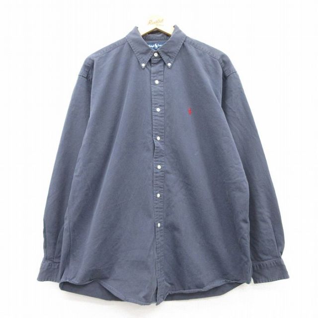 XL★古着 ラルフローレン Ralph Lauren 長袖 ブランド シャツ メンズ 90年代 90s ワンポイントロゴ ロング丈 コットン ボタンダウン 紺 ネイビー 25mar10 中古 トップス