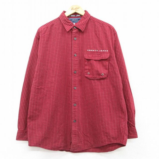 【50%OFF】XL★古着 トミーヒルフィガー TOMMY HILFIGER トミージーンズ 長袖 ブランド シャツ メンズ 90年代 90s ワンポイントロゴ コットン ボタンダウン エンジ系他 チェック 25mar10 中古 トップス