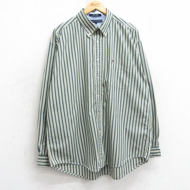 XL★古着 トミーヒルフィガー TOMMY HILFIGER 長袖 ブランド シャツ メンズ ワンポイントロゴ 大きいサイズ コットン ボタンダウン 緑他 グリーン ストライプ 25mar10 中古 トップス
